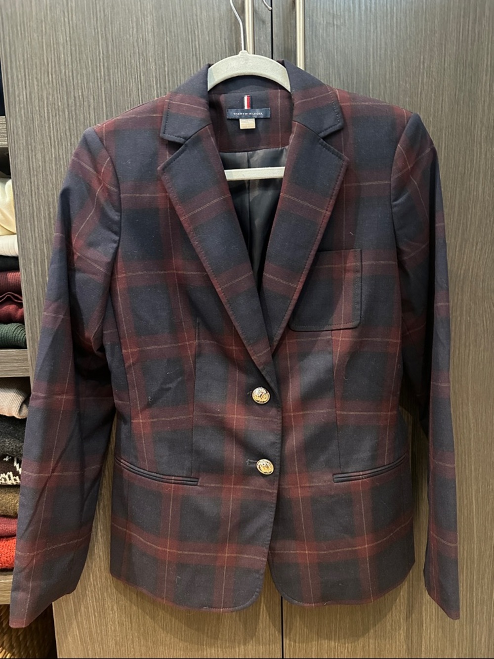 Tommy Hilfiger Navy and Burgundy Plaid Two-Button Blazer